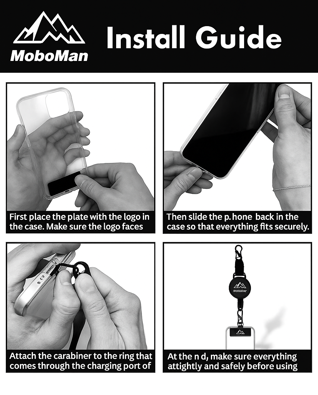 Black and white installation guide for a phone case with MoboMan branding.